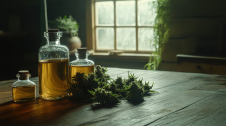 A serene setup featuring glass bottles filled with herbal oil, fresh plant leaves, and warm sunlight illuminating a cozy indoor space, perfect for wellness and natural remedy themes.の素材