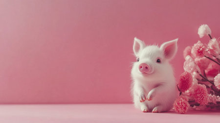 This delightful image features an adorable piglet sitting next to pink flowers on a soft background, capturing the essence of spring and cuteness perfect for various design projects.の素材