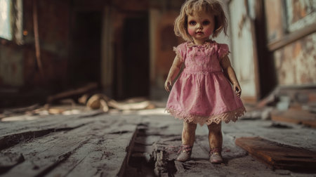 A hauntingly beautiful image of an abandoned doll in a dusty, decaying room, capturing the essence of forgotten childhood memories in a nostalgic and eerie atmosphere.の素材