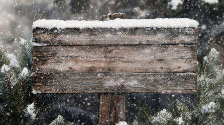 A rustic wooden sign blank surrounded by snow-covered evergreen trees and soft falling snowflakes, ideal for capturing a winter atmosphere and seasonal messages.の素材