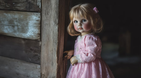 A stunning portrait of a vintage doll, conveying childhood innocence and nostalgia. The doll stands gracefully in a soft-lit rustic setting, captivating viewers with its charm.の素材