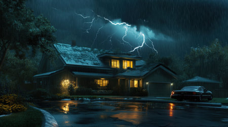 A dramatic nighttime scene featuring a house illuminated by lightning amidst a heavy rainstorm, creating a reflective and atmospheric setting that captures natureの素材