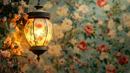 A beautiful vintage lantern casts warm light in a cozy space, set against a colorful floral wallpaper that enhances the charming atmosphere and aesthetic appeal.の素材