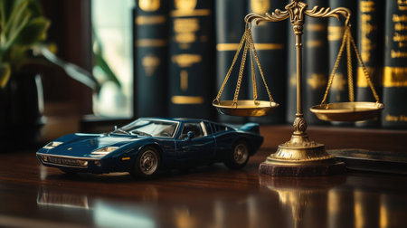 A striking blue sports car model paired with gold legal scales, set against a backdrop of law books in a professional office environment, emphasizing themes of justice and passion.の素材