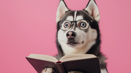 This playful image features a curious dog wearing glasses, engrossed in a book against a vibrant pink background, symbolizing fun and joy in reading.の素材