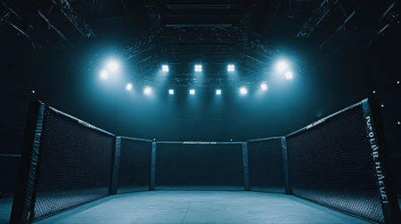 An empty MMA cage is set up under bright spotlights in an arena, creating a dramatic atmosphere for sports events. Perfect for promoting athletic competitions and training.の素材