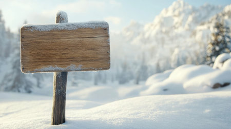 A rustic wooden sign stands in a tranquil winter scene, surrounded by pristine snow and majestic mountains, providing a perfect backdrop for nature lovers and explorers.の素材