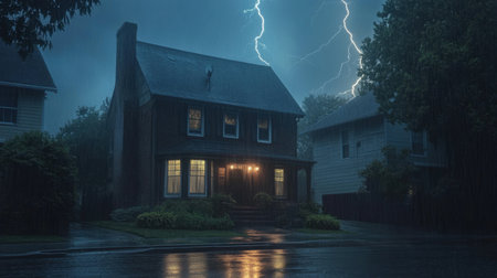 A striking image of a classic house captured during a thunderstorm, with lightning illuminating the sky and heavy rain creating a moody, atmospheric scene.の素材