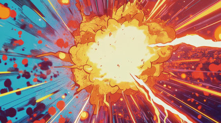 This vibrant explosion illustration features dynamic colors and energetic light effects, creating an impactful visual perfect for creative projects or as a dramatic backdrop.の素材