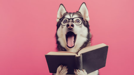 A surprised dog wearing glasses reads a book with a vibrant pink background, embodying curiosity and joy. Perfect for education, pets, or humor themes in any project.の素材