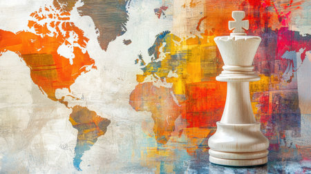 A wooden king chess piece is prominently displayed against a vibrant world map, symbolizing strategic thinking, competition, and global interaction in a creative setting.の素材