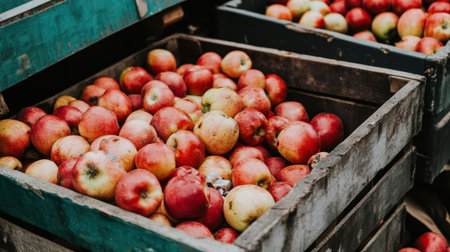 A vibrant display of fresh red apples in rustic wooden crates at a market, highlighting the natural beauty and abundance of seasonal harvests in a charming outdoor setting.の素材