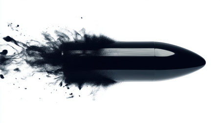 A striking image of a bullet in motion, illustrating speed and energy with a dramatic trail of black smoke, symbolizing power and high-performance dynamics in a sleek design.の素材