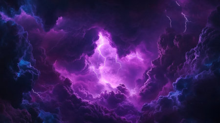 A breathtaking depiction of purple lightning cutting through dark stormy clouds, creating a captivating spectacle of nature's fury and beauty in the night sky.の素材
