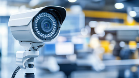 A high-resolution security camera positioned in an indoor setting, designed for effective surveillance and safety monitoring to enhance security measures and technology.の素材