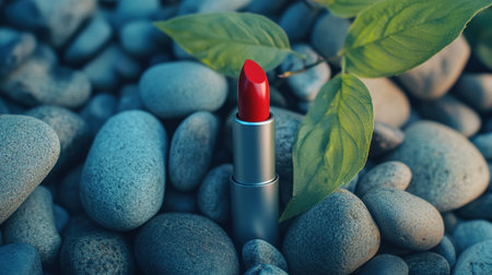 This striking composition features bold red lipstick elegantly placed among smooth stones and vibrant green leaves, showcasing a perfect blend of nature and beauty.の素材