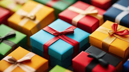 A vibrant array of beautifully wrapped gift boxes in various colors and sizes, adorned with colorful ribbons, ideal for celebrating special occasions and spreading joy.の素材