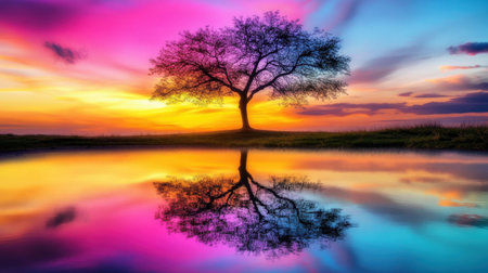 Experience an enchanting sunset as vibrant colors blend in the sky, reflected in placid water, highlighting the beauty of a solitary tree standing gracefully amidst nature.の素材