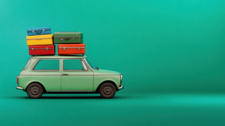 A vintage green car loaded with brightly colored suitcases on top, set against a turquoise background. This image evokes feelings of adventure and nostalgic travel memories.の素材