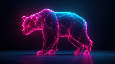 This digital artwork features a glowing low poly bear in neon colors, presenting a captivating blend of technology and nature against a dark background, perfect for modern design needs.の素材
