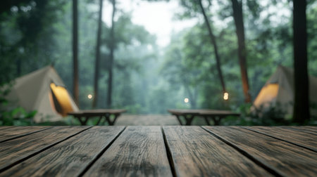A tranquil campground captures a serene atmosphere with a wooden table in the foreground, inviting glamping tents nestled in the lush forest behind, perfect for nature lovers.の素材