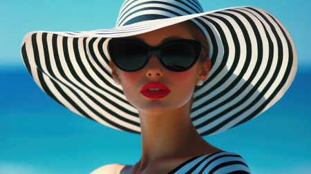 A fashionable woman poses elegantly on the beach, wearing a striking striped hat and sunglasses, capturing the essence of summer vibes and stylish glamour.の素材