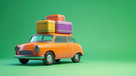 A vibrant retro car with colorful luggage on the roof, positioned against a bright green background, perfect for travel-themed projects and creative designs.の素材