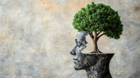This artistic image symbolizes the connection between nature and humanity, featuring a head silhouette with a lush tree, representing growth, awareness, and creativity in a serene environment.の素材