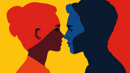 This vibrant and abstract image illustrates the intimate connection between two individuals through bold silhouettes and contrasting colors, evoking emotion and harmony.の素材