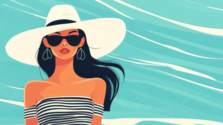 A fashionable woman stands by the ocean, wearing a sun hat and sunglasses, exuding a relaxed summer vibe against a backdrop of gentle waves and vibrant colors.の素材