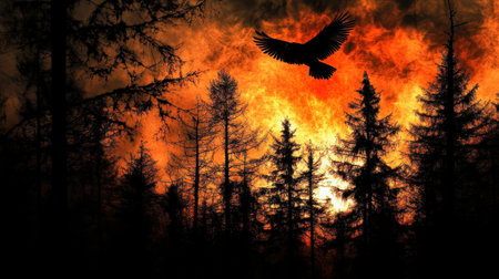 An elegant eagle soars gracefully across a vibrant sunset, casting a striking silhouette against dark pine trees. This captivating scene showcases nature's wild beauty.の素材
