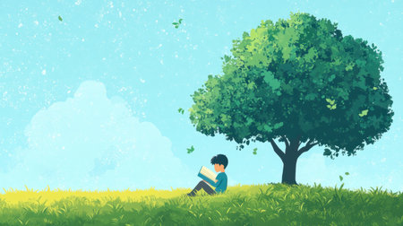 A young boy reads a book under a large tree, showcasing a tranquil moment in nature. The bright sky and gentle breeze create a serene atmosphere perfect for relaxation and imagination.の素材