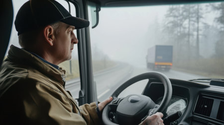 A truck driver concentrates intently while navigating a foggy road, showcasing the challenges of driving in poor visibility and the beauty of a rural landscape.の素材