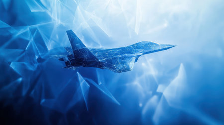 A visually striking representation of a futuristic military jet set against an abstract blue background, highlighting themes of technology, innovation, and aviation.の素材
