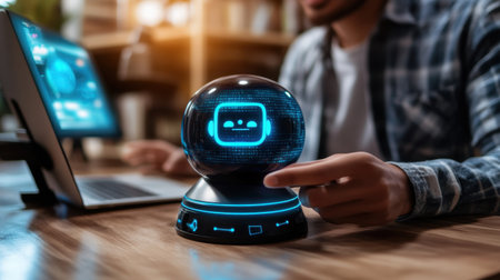 A modern workspace featuring a futuristic chatbot device with a glowing digital interface on display, creating an engaging atmosphere for technology enthusiasts and innovators.の素材