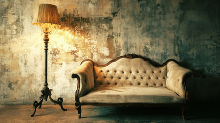 Discover a charming vintage scene featuring an elegant antique couch and a classic floor lamp, perfect for creating a cozy atmosphere in rustic interiors.の素材
