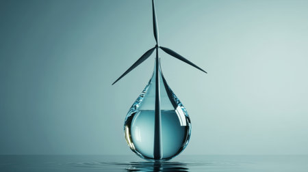 This image captures a modern depiction of renewable energy, featuring a water drop and wind turbine blades, symbolizing the harmony of nature and sustainable power initiatives.の素材