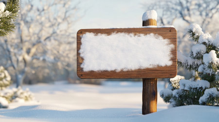 A rustic wooden signboard blanketed in snow, set against a beautiful winter landscape with frosty trees, perfect for seasonal greetings or holiday messages.の素材