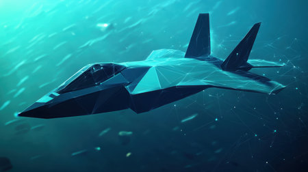 Discover a stunning futuristic stealth fighter aircraft soaring through a digital underwater realm, showcasing intricate geometric patterns and vibrant neon elements.の素材