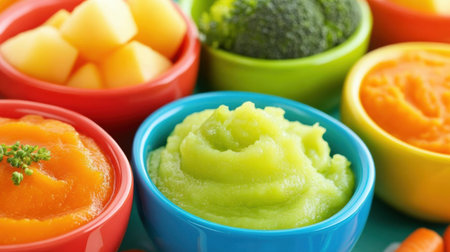 Brightly colored bowls of healthy baby food purees featuring broccoli, carrots, and fruits, perfect for meal preparation and encouraging nutritious eating habits in children.の素材
