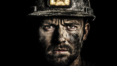 A powerful close-up portrait of a coal miner, showcasing the struggle and determination etched into his face amidst a backdrop of darkness, reflecting the challenges and dedication of the profession.の素材