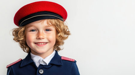 A cheerful young boy wearing a stylish red beret and a navy uniform smiles joyfully, capturing the essence of childhood playfulness and innocence against a light backdrop.の素材