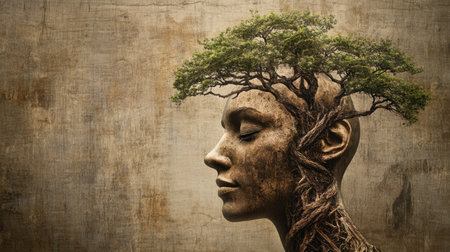 This artistic image captures the essence of harmony between nature and humanity, showcasing a woman's head entwined with a tree, embodying growth and tranquility.の素材