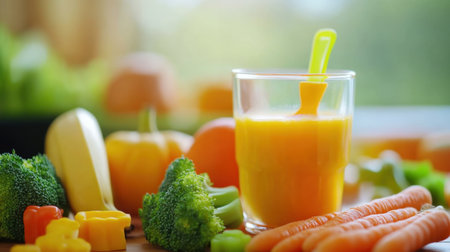 A glass of fresh vegetable juice features vibrant colors and is surrounded by healthy ingredients on a wooden table, creating an inviting and nutritious scene.の素材