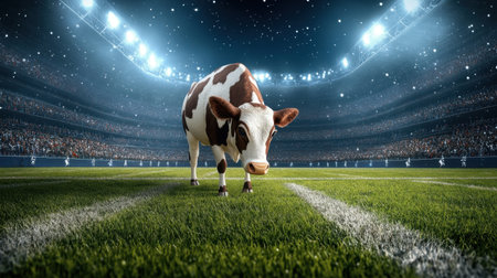 A humorous image of a cow on a football field under stadium lights, creating a unique and entertaining scene for sports fans and animal lovers alike.の素材