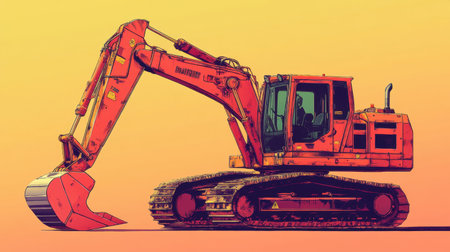 An artistic depiction of a powerful orange excavator against a vibrant orange backdrop, highlighting the unique features and capabilities of this essential construction equipment.の素材