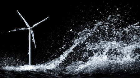 This striking image captures the powerful interplay between a wind turbine and crashing ocean waves, highlighting the beauty of renewable energy amidst nature's fury.の素材