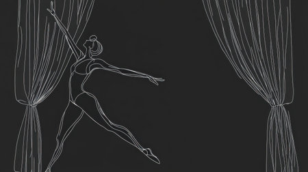 This elegant line art illustration captures a dancer's graceful pose on stage, framed by flowing curtains, showcasing beauty and movement in a minimalist black and white aesthetic.の素材