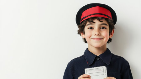 A joyful young boy with curly hair in a vintage uniform and hat holds a blank postcard against a simple background, representing themes of communication and childhood imagination.の素材