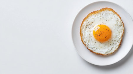 A beautifully cooked fried egg on a white plate showcases a runny yolk and crispy edges, making it a perfect choice for breakfast or culinary presentations.の素材